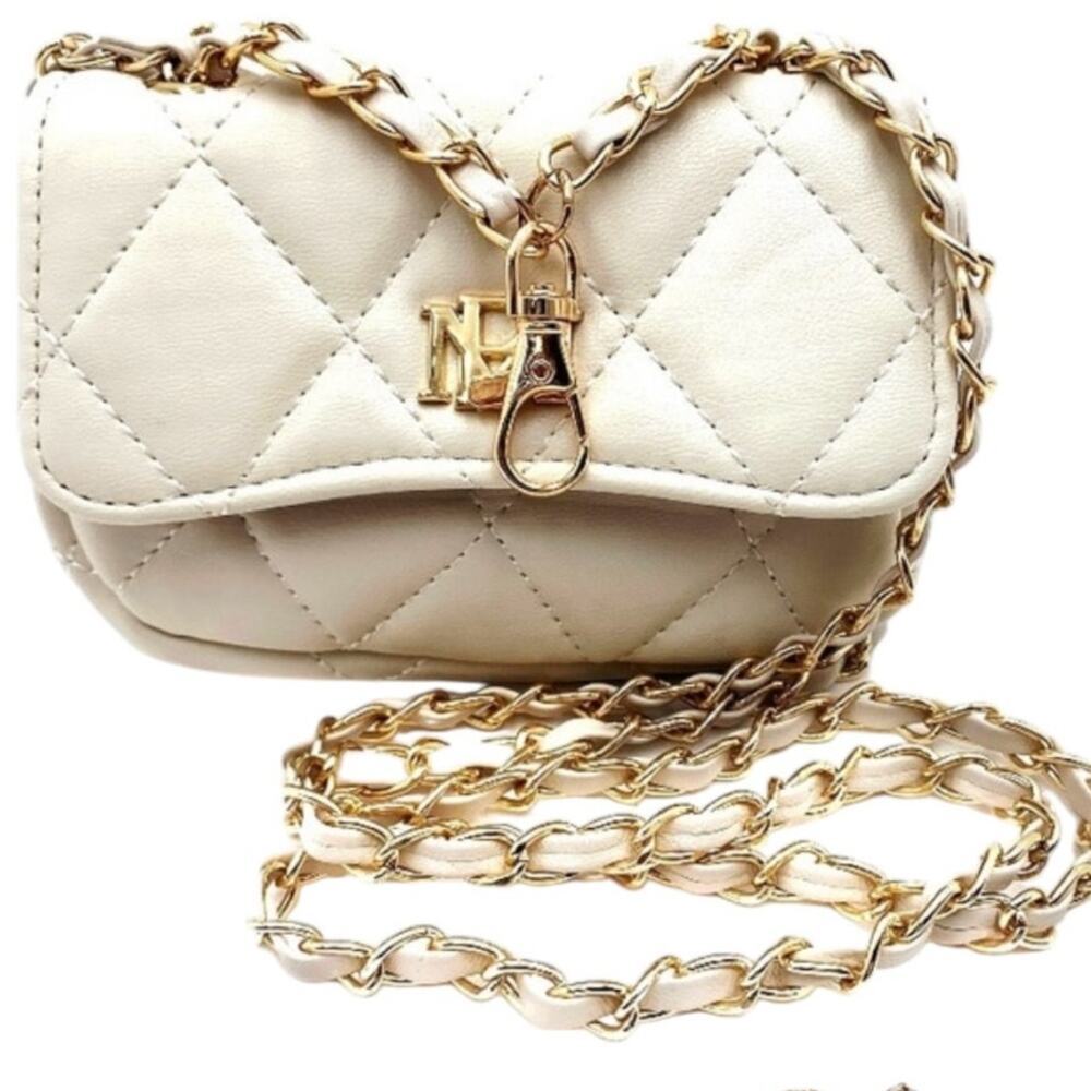 Badgley Mischka Vegan Off White gold Mini Purse quilted diamond crossbody NWT